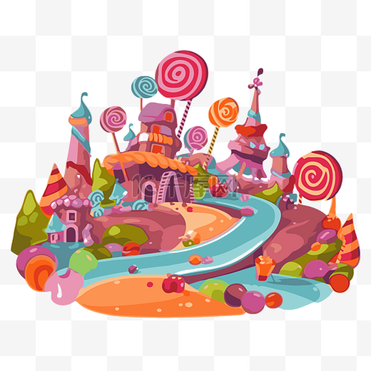 糖果乐园剪贴画彩色动画糖果场景与城堡和流卡通 向量图片