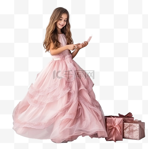 一个穿着粉色裙子长发的漂亮女孩装饰着一棵圣诞树图片