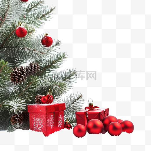 白雪上的杉树和红色圣诞装饰品和礼盒图片