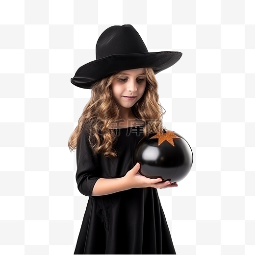 万圣节那天，一个穿着黑色连衣裙的漂亮小女孩看着一顶神奇的圆顶礼帽图片