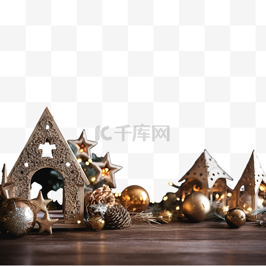 美丽的圣诞节，深色木桌上有很多小木制装饰品图片