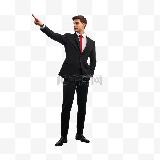 穿着正式西装和红色领带的商人指着和推荐姿势 穿着 blcak 西装的商人指向上方的 3D 插图图片