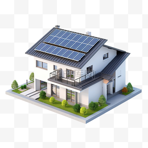 公寓屋顶配有太阳能电池板电动汽车充电器，用于建筑智能家居太阳能房屋 3d 插图图片