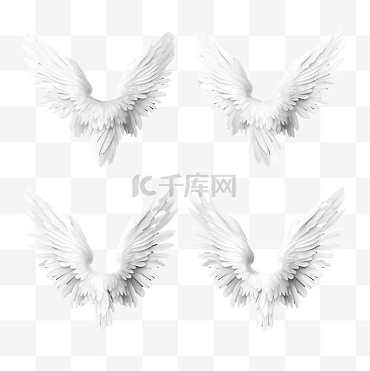 一套不同的逼真 3D 白色天使翅膀图片