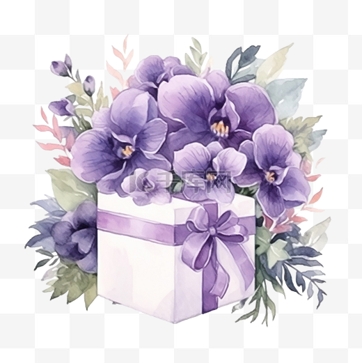 紫色紫罗兰花卉组合物与礼品盒花卉植物植物元素婚礼生日情人节模板图片