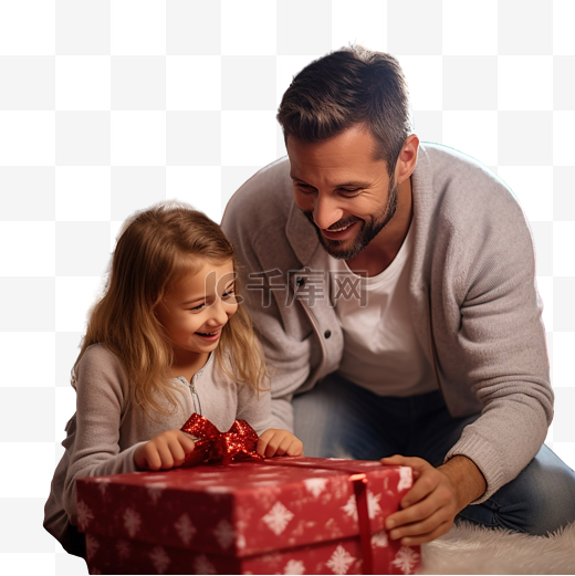 父亲在圣诞树附近的家里的床上给女儿一个礼品盒图片