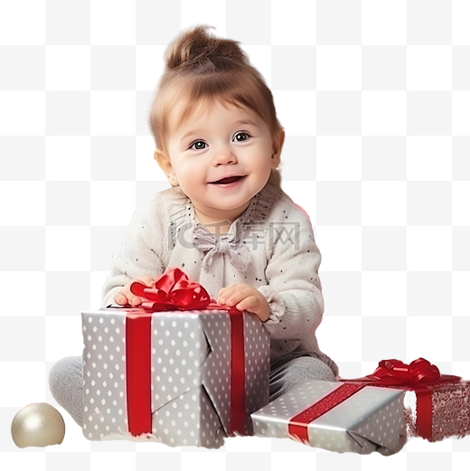 带着礼品盒的小女孩在装饰圣诞树附近图片