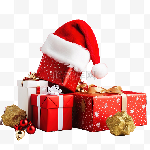 圣诞礼物圣诞老人帽子，上面有礼物和红纸上的圣诞装饰品图片