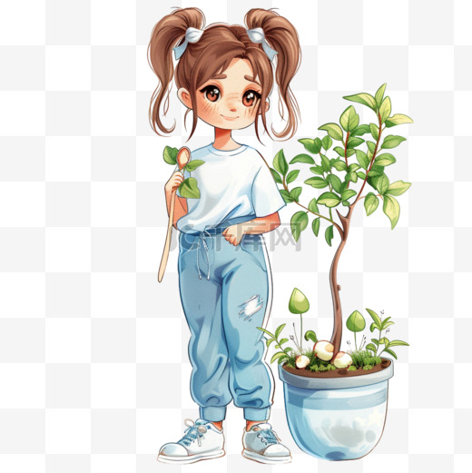 植树节女孩卡通植树手绘元素图片