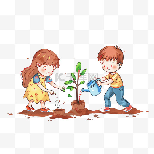 植树节孩子植树手绘简约元素图片