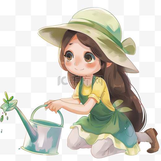 可爱女孩浇水种树手绘卡通元素图片