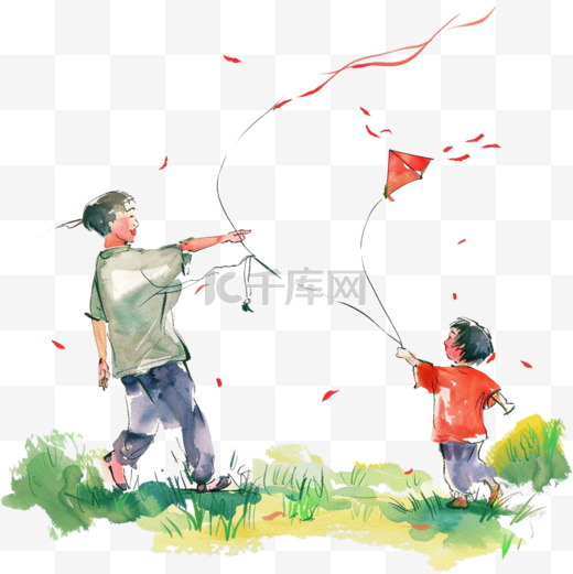 春天手绘父子草丛放风筝元素图片
