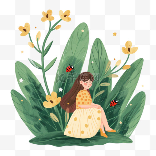 女孩植物花朵手绘春天插画元素图片