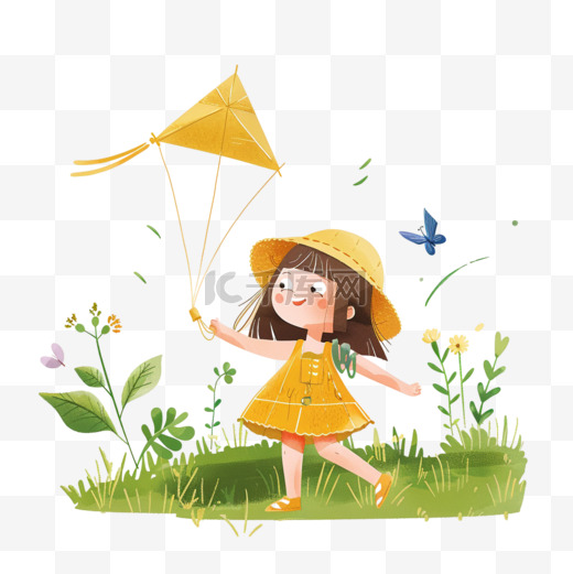 女孩春天放风筝手绘插画元素图片