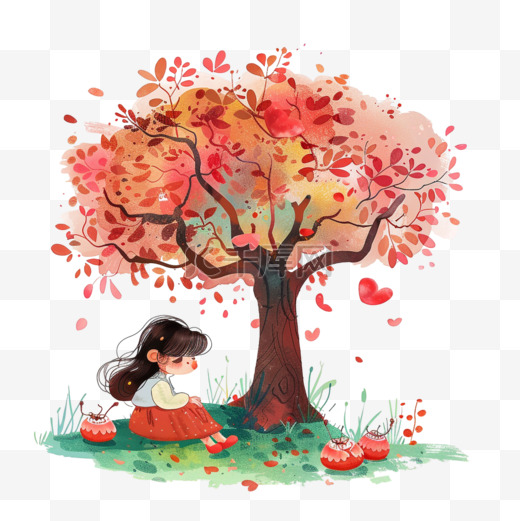 读书日可爱孩子树下读书卡通元素手绘图片