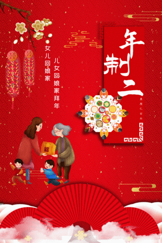大年初二回娘家红色中国风动态初二海报