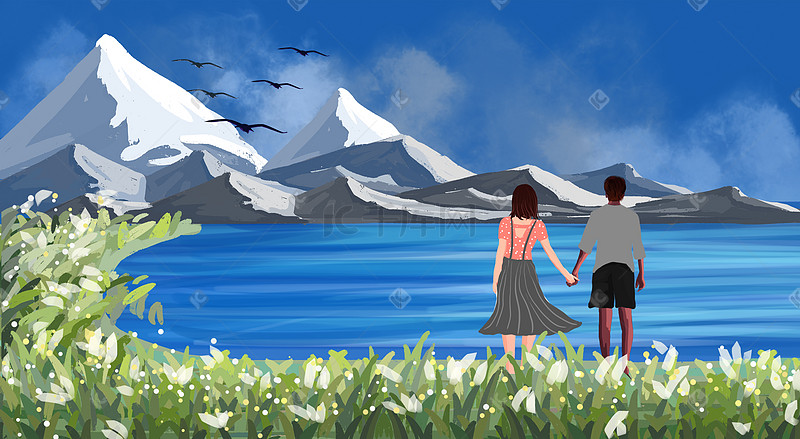 湖边看雪山的情侣图片