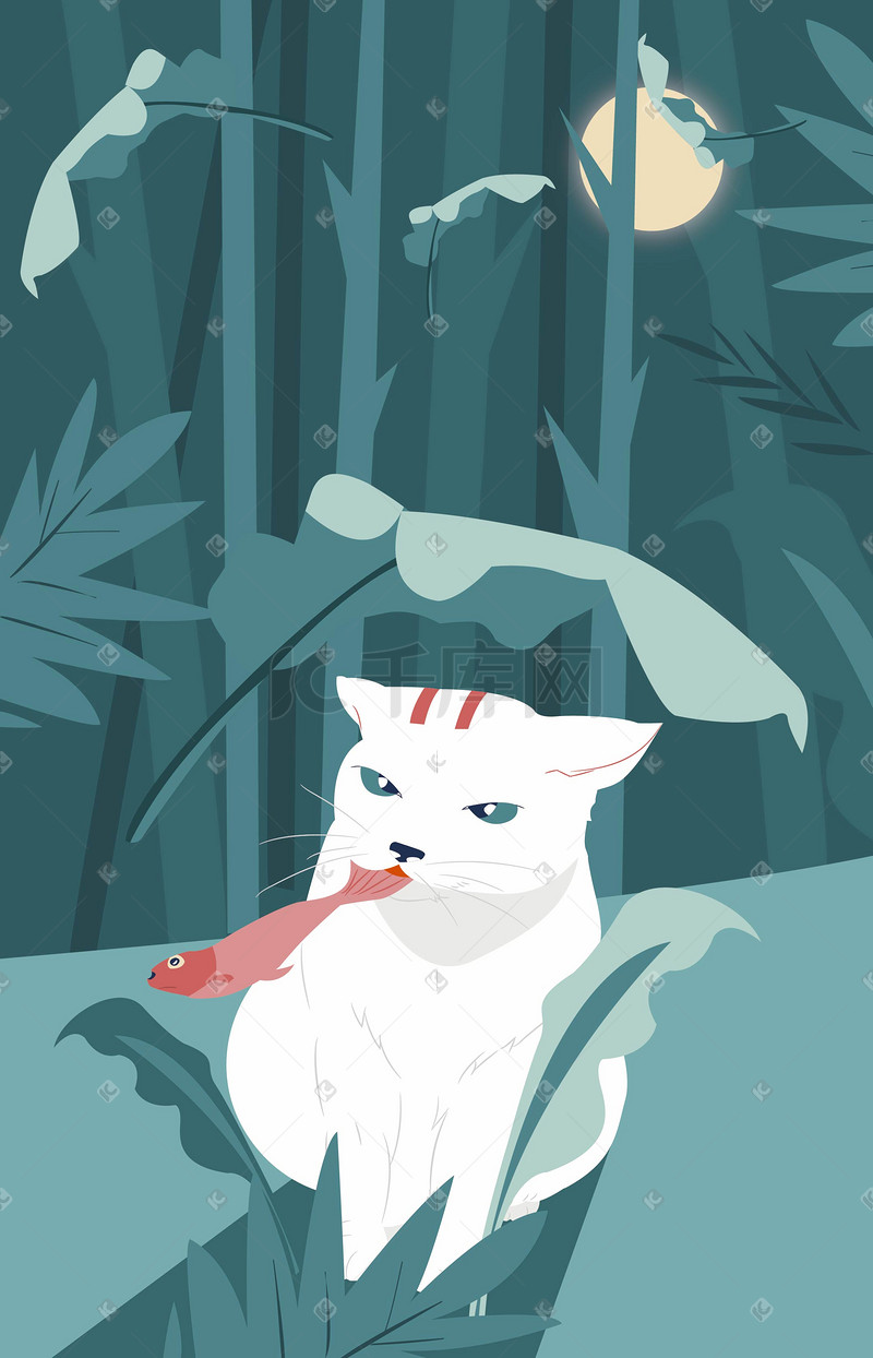猫吃鱼森林时尚插画背景图片