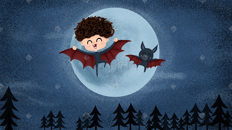愚人节万圣节黑夜中小孩子和蝙蝠手绘横版插画图片