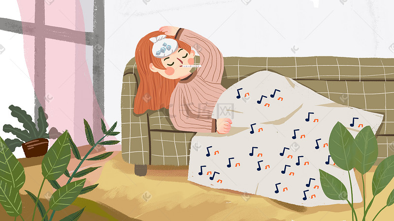 春季流感预防流感感冒少女卡通室内插画图片