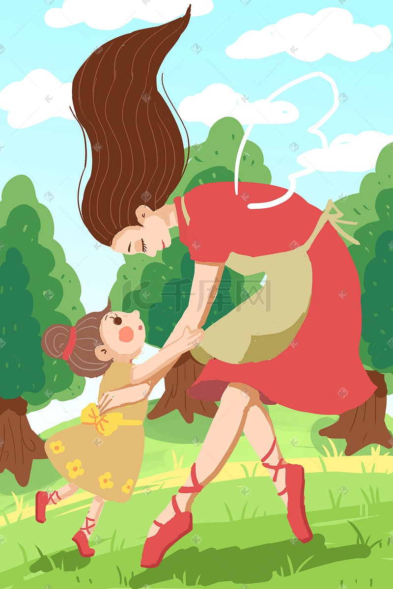 母亲节母爱妈妈女儿手绘花植物树小清新插画图片