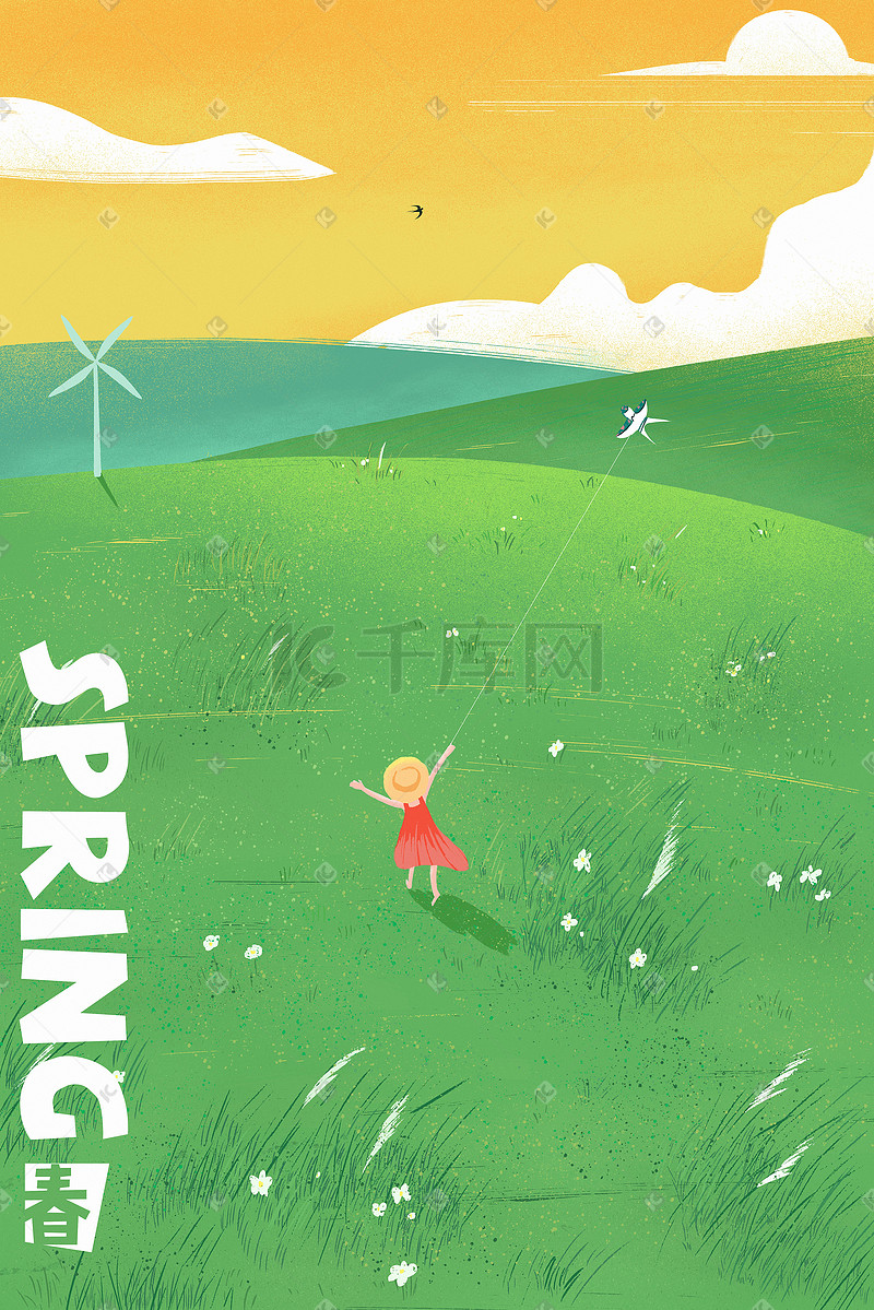 春天春游奔跑放风筝的女孩手绘插画图片