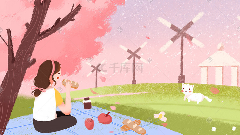 春季樱花节女孩与猫公园踏青图片