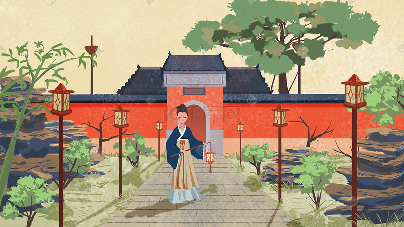 中国风古风少女人物园林宫廷卡通插画图片
