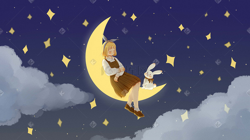 治愈晚安少女兔子弯月星空夜空梦幻唯美可爱图片