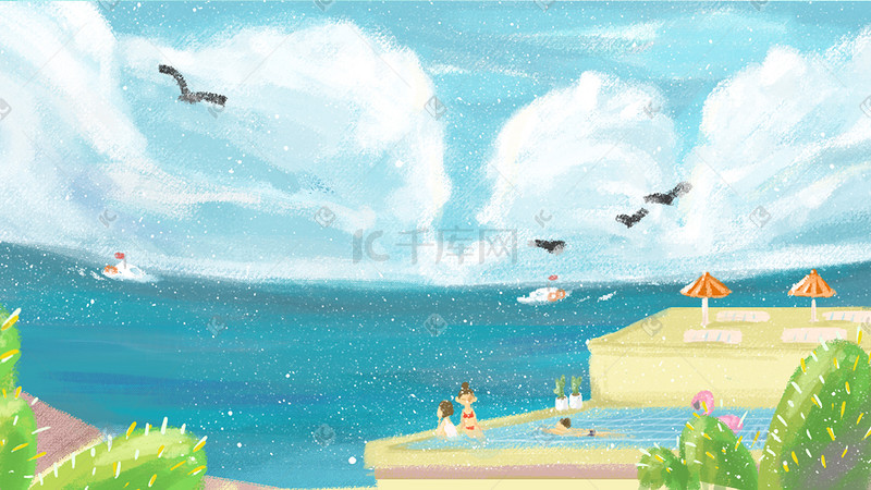 夏日海滩风情手绘插画图片