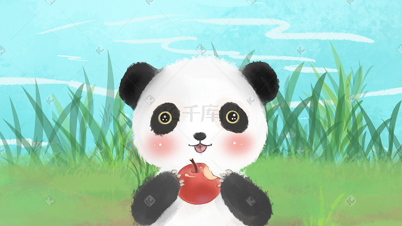 可爱动物熊猫吃苹果手绘小清新图片