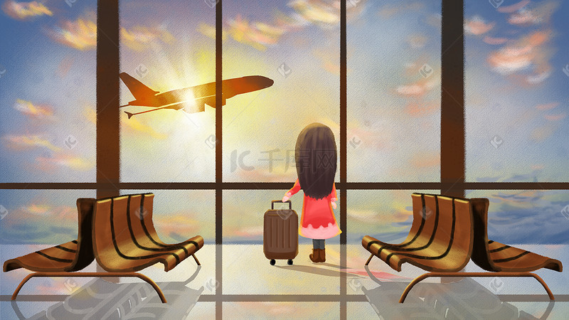 春运春节回家机场飞机女孩手绘插画图片