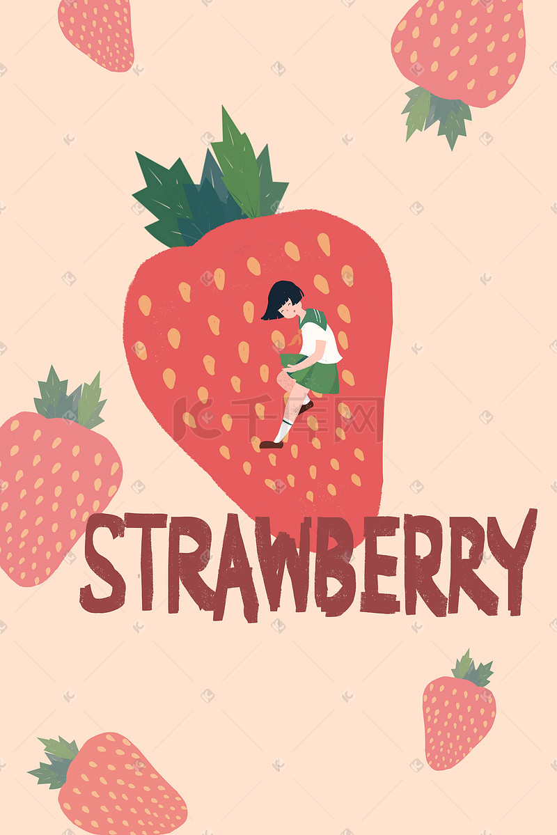 珊瑚红小清新小人和草莓创意水果插画图片