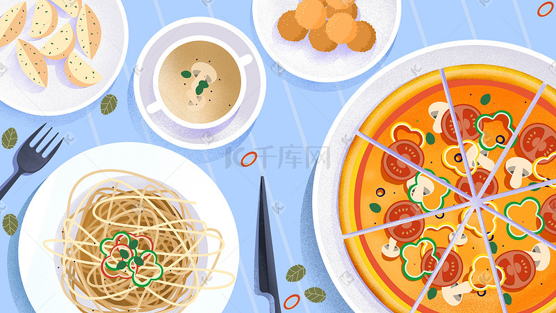 美食插画意大利面和披萨banner背景图片