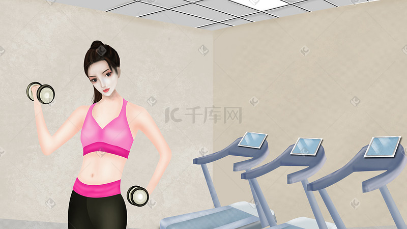 美女健身房运动插画图片