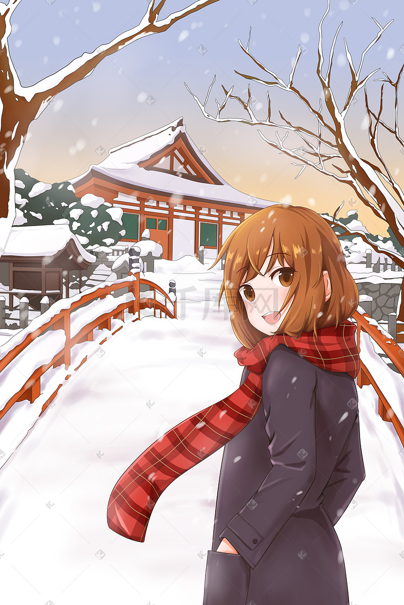 手绘冬天冬季雪景女孩插画图片