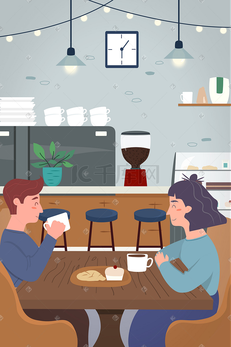 卡通喝咖啡情侣约会休闲生活方式插画图片