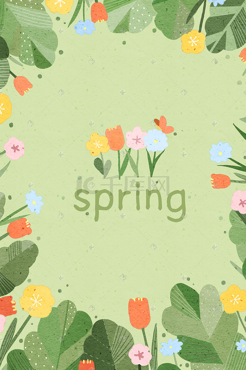 绿色暖色调春季卡通小清新春天花朵边框配图图片
