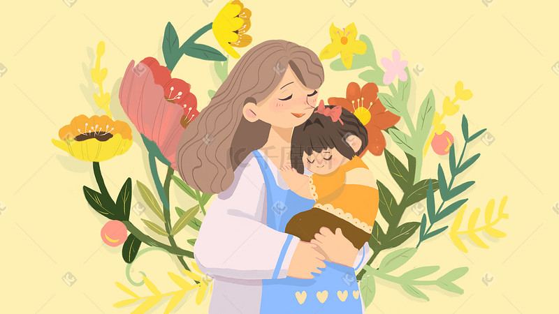 母亲节母亲抱着孩子小清新插画图片