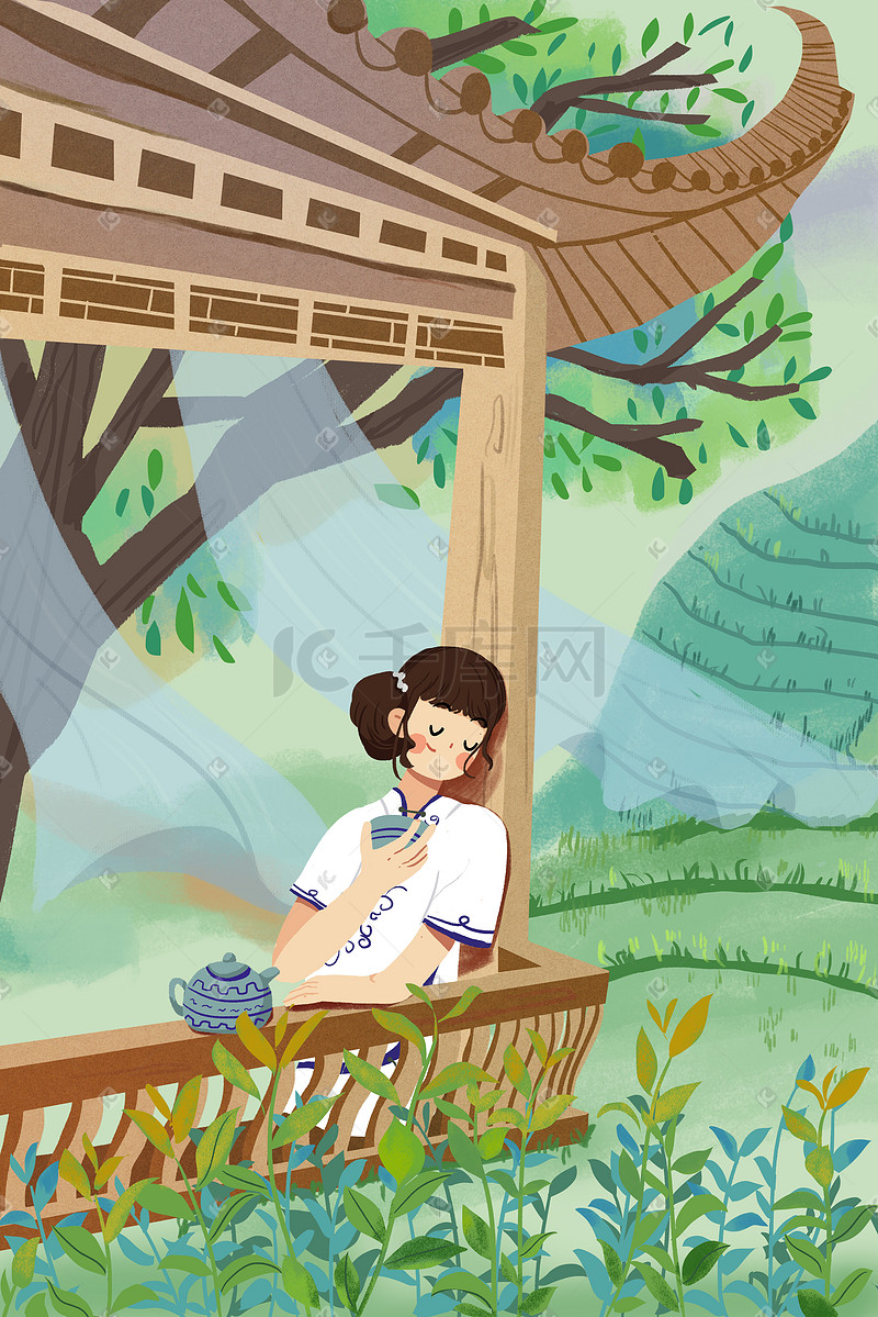 民国风旗袍少女茶叶包装系列卡通插画图片