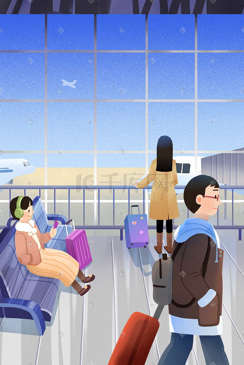 春节旅行机场候机回家过年插画图片
