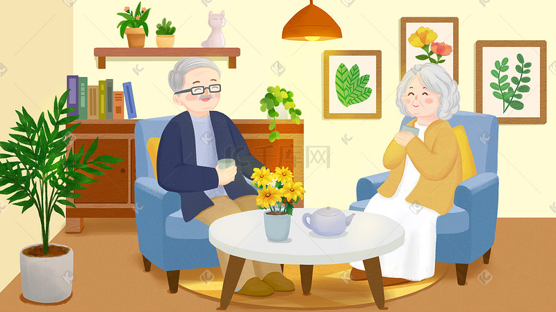 温馨重阳节老年夫妇悠闲时光手绘插画图片