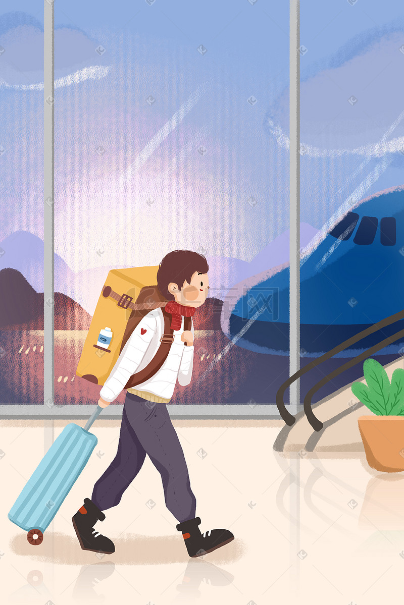 一月你好春运机场男孩拖行李蓝色小清新插画图片