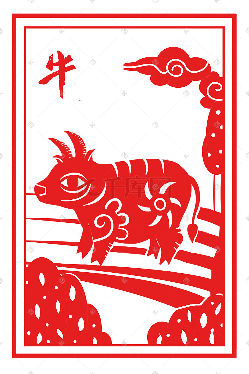 红色剪纸中国风十二生肖之牛插画图片