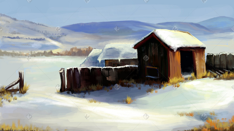 大雪后阳光下的雪地场景插画图片