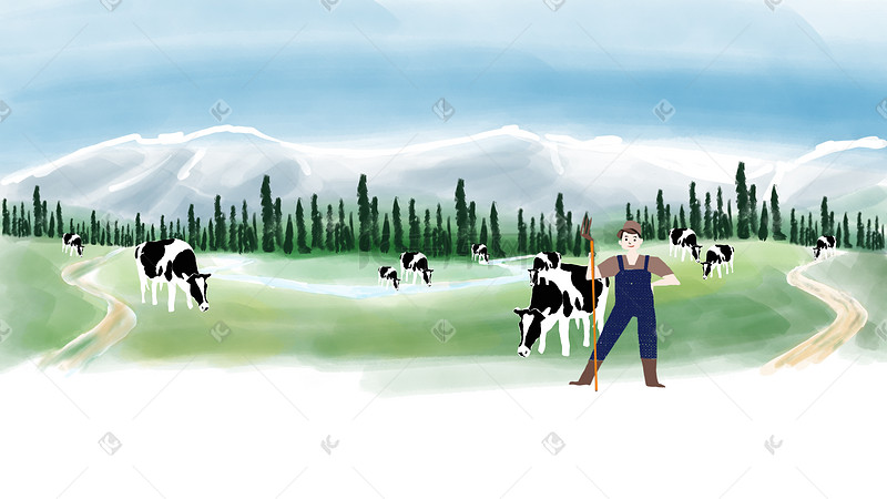 乡村牧场新疆天山奶牛海报背景图片