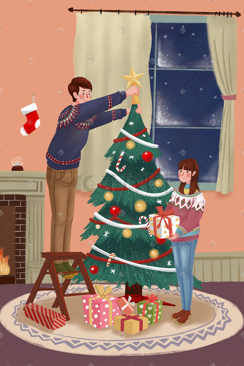 手绘圣诞节情侣装饰圣诞树插画圣诞图片
