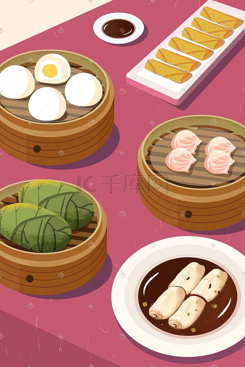 中华美食广式早茶红色海报背景图片
