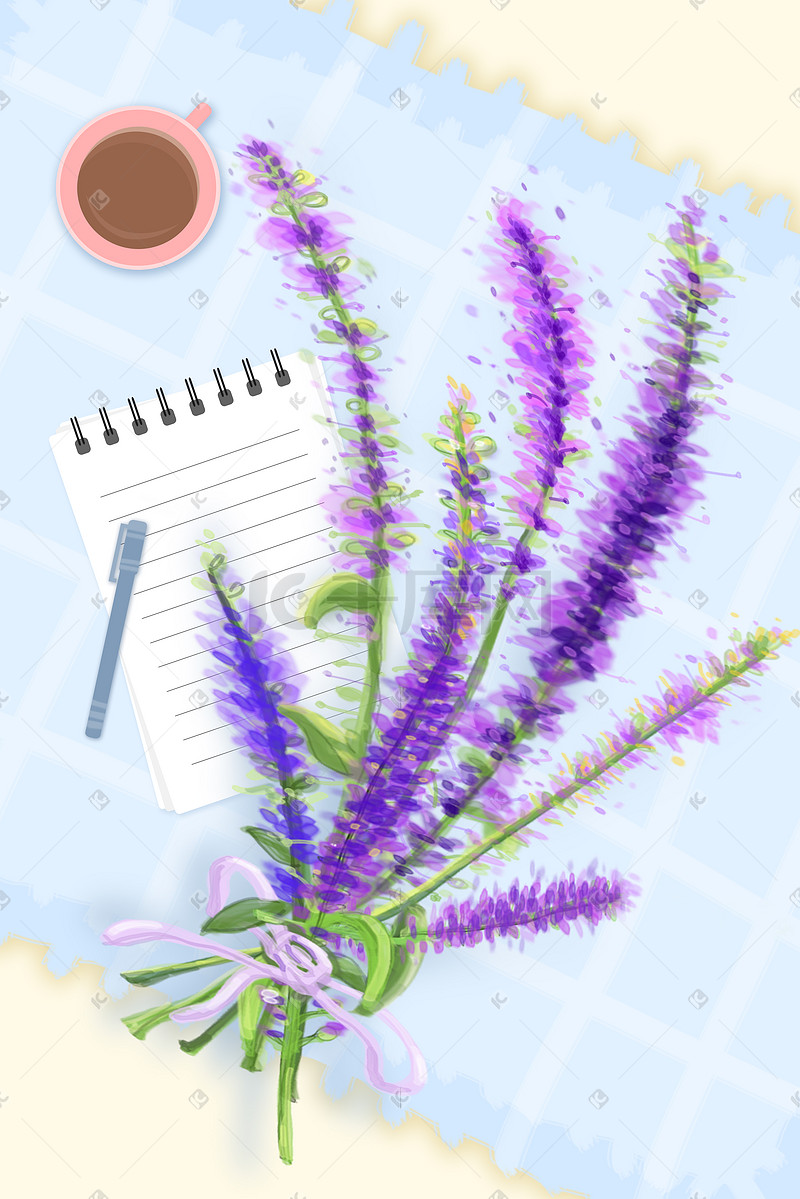 花卉植物薰衣草笔记本桌布咖啡笔手绘插画图片