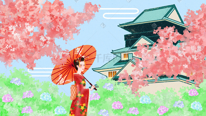 日本传统艺伎花魁美景人情风物旅游宣传插画图片